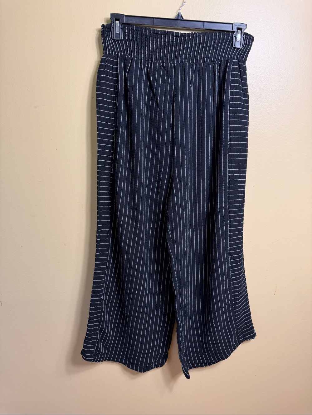 Cynthia Rowley 2X Cotton Blend Black Pinstripe Wide Leg Pants Elastic Waist EUC